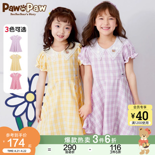 PawinPaw卡通小熊童装夏季女童连衣裙格子公主裙蕾丝领荷花袖
