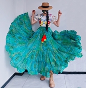 泰国民族风超大摆纯棉印花吉普赛高腰，跳舞半身裙波西米亚舞蹈长裙