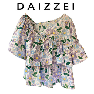 daizzei~2022夏季新紫色(新紫色，)褶皱斜v领碎花，洋气小清新甜美衬衫女上衣