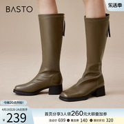 百思图2023冬季时尚西部骑士，靴粗跟女棕色长筒靴子md352dg3