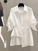 欧货大码女装夏季洋气不规则白色衬衫遮肚子，显瘦减龄收腰裙摆上衣