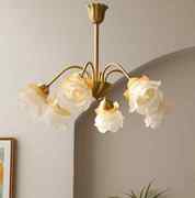 法式吊灯复古卧室灯具 美式餐厅全铜玻璃优雅手工花朵卧室吊灯