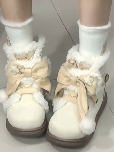 少女学生鞋冬季加绒毛绒棉鞋，可爱平底圆头蝴蝶结雪地靴lo鞋子