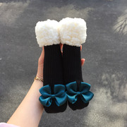 原创黑色宝宝袜子冬加厚羊羔绒男女童防滑地板袜蝴蝶结婴儿造型袜