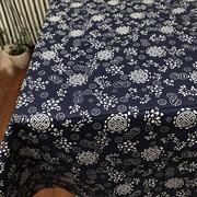 蓝印花复古老粗布床单，青花瓷纯棉帆布，被套桌布窗帘面料可