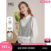 mc2撞色翻领条纹假两件白衬衫，女装2024春秋拼接抽绳长袖上衣