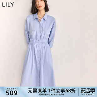 lily2024夏女装(夏女装)优雅都市，通勤款显瘦高腰，气质九分袖衬衫连衣裙