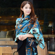 韩版女士秋冬保暖大披肩，围巾两用超长竹棉加厚拉绒围巾蓝色椰子树