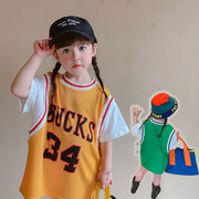女童运动连衣裙夏季假两件纯棉短袖时髦中长款篮球服宽松半袖裙子
