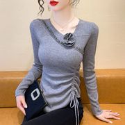 高级感立体花朵针织毛衣女不规则抽绳打底衫2024秋季新款上衣女装