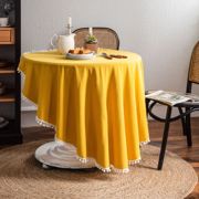 伊缦琪韵水洗棉桌布，白球花边装饰黄色纯色圆形餐桌家用直供