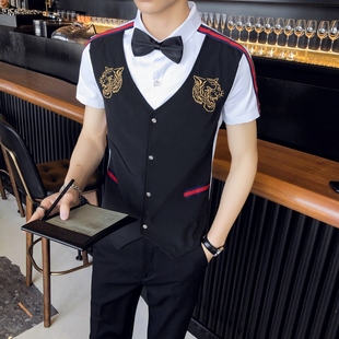 夏季夜总会KTV酒吧少爷服装男服务员工作服假两件马甲短袖衬衫潮