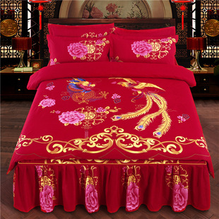 纯棉婚庆龙凤大红床裙四件套，中式新婚陪嫁全棉床罩被套床上用品