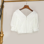 泡泡袖白色衬衫女设计感v领收腰短袖衬衣复古宫廷风短款上衣