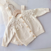 ins韩版婴儿外套手工毛球针织，开衫女宝宝毛衣，纯棉棉纱线上衣套装