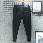 香港夏季薄款黑色九分牛仔裤男士，修身小脚休闲春秋，款弹力高端裤子