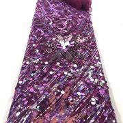 紫色蕾工网纱面料重丝炫彩珠片立体花朵刺绣礼服X亮片服装布料