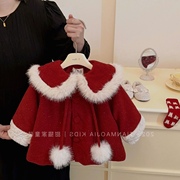 女童呢大衣冬季韩版2024洋气，红色儿童宝宝，外套加厚新年棉衣潮