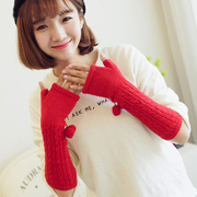 秋冬季女士羊毛手套中长款毛线保暖漏半指小毛球可爱韩版袖臂手套
