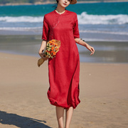 春夏高端改良旗袍宽松显瘦喜妈妈送考红色，长裙复古亚麻刺绣连衣裙