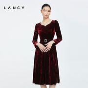 lancy朗姿秋冬丝绒连衣裙，女收腰百褶高级感气质新年礼服裙子