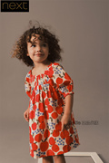 英国Next女童红色苹果泡泡袖连衣裙方领纯棉裙子N02-833