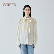 bsiee本涩米色系带领长袖衬衫，女秋冬泡泡，袖简约显瘦百搭通勤