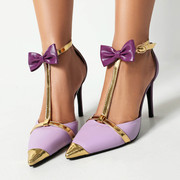 大码夏季女白紫色细高跟中空蝴蝶结丁字扣T型带尖包头凉鞋子