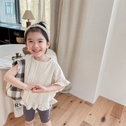 女童装韩版荷叶摆短袖，t恤夏洋气水洗棉，衬衫设计感抽褶小飞袖上衣