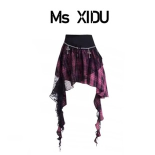 Ms XIDU 朋克格子半身裙女小众设计感蕾丝拼接不规则辣妹短裙子