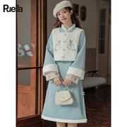 拉夏贝尔puella新中式连衣裙，子女小个子加绒深冬装，搭配一整套秋冬