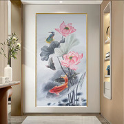 新中式水墨风手绘荷花油画竖版入户玄关装饰画过道走廊客厅挂画