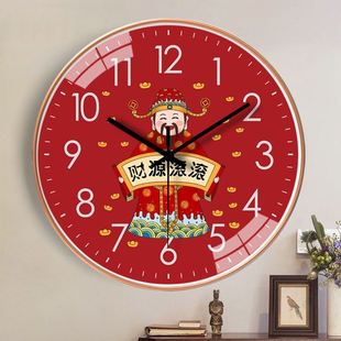 新中式挂钟表钟挂墙客厅卧室家用财神爷超静音免打孔中式时钟挂钟