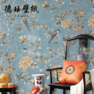 定制新中式壁纸高级感蓝色，红色田园花鸟大花，无纺布墙纸客厅卧室背