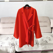 法式长袖西装领气质小个子显瘦风衣女红色时尚中长款休闲外套春秋