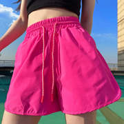 胖mm特大码300斤荧光玫粉色，薄款运动短裤，女加大速干海边海滩泳裤2