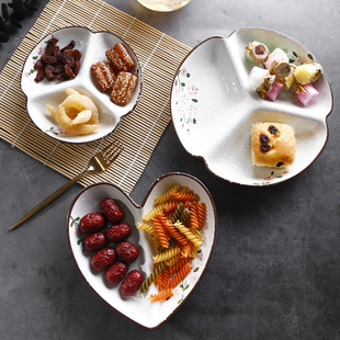 樱花陶瓷三分格餐盘菜盘子分餐水果沙拉盘子分隔配菜零食盘子