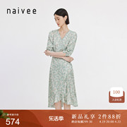 naivee纳薇24夏法式(夏法式)茶歇裙优雅碎花印花围裹式v领鱼尾连衣裙
