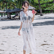 韩国仙女范度假长衫海边防晒开衫沙滩泳衣外搭罩衫镂空蕾丝五分袖