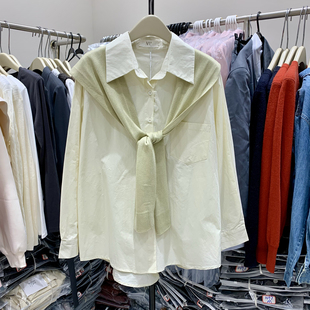 VI+2024韩系春季纯色衬衫女单排扣中长款长袖上衣搭配披肩潮