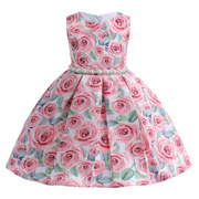 女童连衣裙23欧美玫瑰花朵印花童裙背心裙珍珠公主裙童装