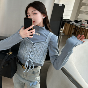 韩国女童2024春季韩版短款吊带背心半高领打底T恤上衣两件套