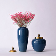 新中式陶瓷家居饰品摆件宝蓝色陶瓷样板房酒店玄关干花花瓶