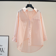 小清新淡粉色棉衬衫女不规则设计宽松衬衣2024薄款防晒衫上衣