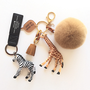 韩国可爱斑马长颈鹿女包毛球挂件汽车钥匙扣钥匙链圈高档创意