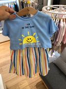韩国中小童装夏款女童宝宝洋气蓝色短袖T恤条纹吊带连衣裙2件套装