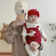 韩版婴儿衣服春秋冬装宝宝针织毛衣背带裤套装百天周岁连体衣套装