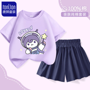 唐狮童装女童套装2024儿童库洛米夏装小女孩纯棉短袖紫色上衣