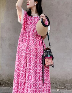 原创设计棉麻，袍子粉色豹纹棉麻，宽松连衣裙