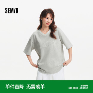 森马短袖T恤女中长款V领蕾丝绣花2025夏新款oversize纯棉上衣气质